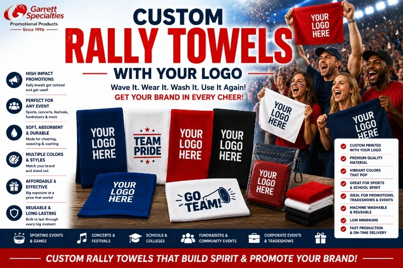Custom Promotional Rally Towels with Your Logo Custom Promotional Rally Towels with Your Logo featuring personalized spirit towels, sports rally towels, stadium towels, cheer towels, team towels, and event towels for schools, colleges, sporting events, fundraisers, trade shows, corporate promotions, and fan giveaways.
