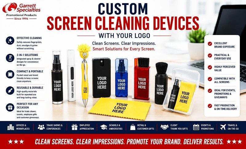 Custom screen cleaning devices with your logo including screen cleaning sprays, microfiber cleaning cloths, keyboard brushes, cleaning pens, and promotional screen cleaners for trade shows, employee gifts, and corporate giveaways.