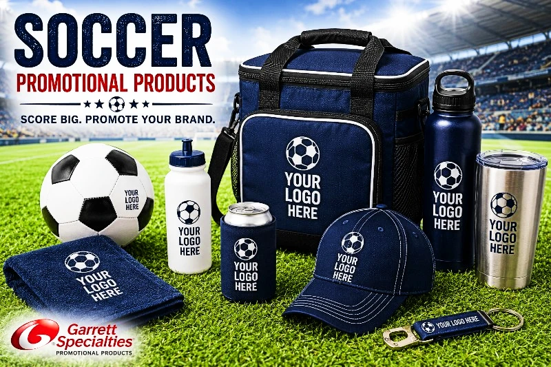 Custom soccer promotional products with logo including coolers, drinkware, soccer balls, and fan giveaways