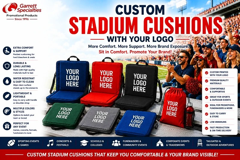 Custom Promotional Stadium Cushions with Your Logo Custom Promotional Stadium Cushions with Your Logo featuring personalized stadium seat cushions, folding seat cushions, padded bleacher cushions, portable seat pads, and stadium seating for sporting events, schools, colleges, concerts, fundraisers, trade shows, and promotional giveaways.