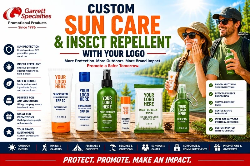 Custom Sun Care & Insect Repellent with Your Logo featuring personalized sunscreen, SPF lip balm, insect repellent sprays, bug wipes, travel-size sun care products, and outdoor protection items for trade shows, camps, schools, company picnics, healthcare, and promotional giveaways.