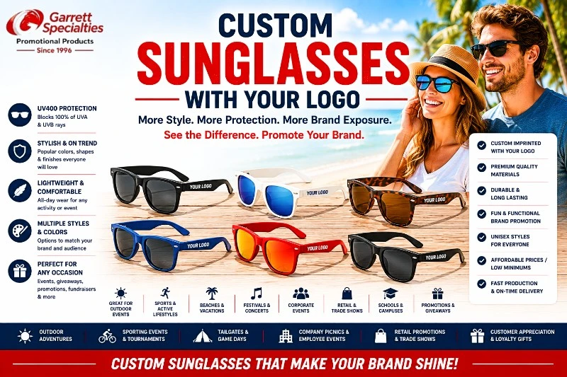 Custom Promotional Sunglasses with Your Logo Custom Promotional Sunglasses with Your Logo featuring personalized sunglasses in multiple colors and styles for beaches, trade shows, outdoor events, festivals, schools, company picnics, sporting events, customer giveaways, and summer promotional campaigns.