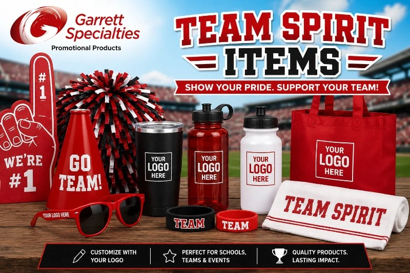 Custom Team Spirit Promotional Products Custom team spirit promotional products with logo including rally towels, pom poms, foam fingers, drinkware, and fan giveaways