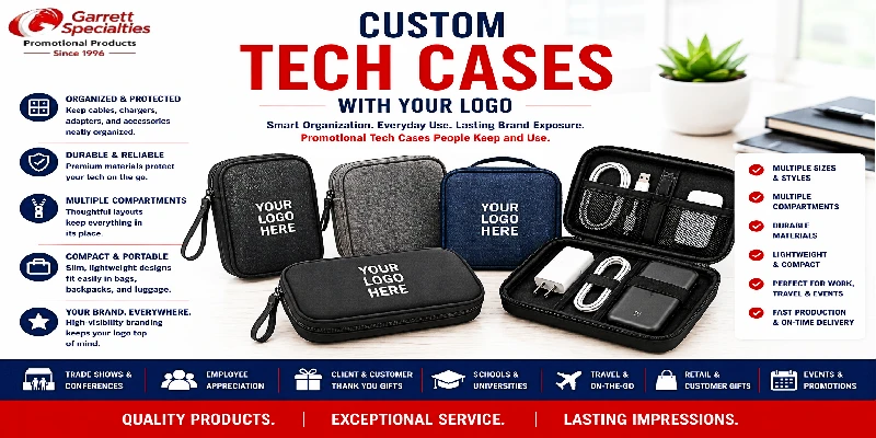 Custom Tech Cases with Your Logo Custom tech cases with your logo including travel tech organizers, electronic accessory cases, cable organizers, charger cases, earbud cases, and promotional tech storage cases for trade shows, employee appreciation, customer giveaways, and corporate promotions.