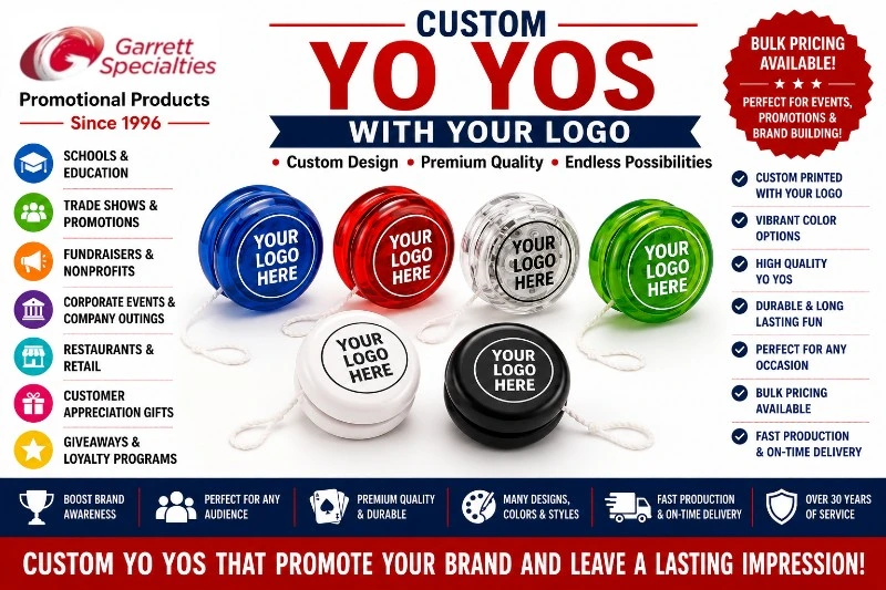 Custom Promotional Yo-Yos with Your Logo Custom Promotional Yo-Yos with Your Logo featuring personalized plastic, wooden, and light-up yo-yos for trade shows, schools, carnivals, festivals, company picnics, nonprofit fundraisers, customer appreciation events, and promotional giveaways.