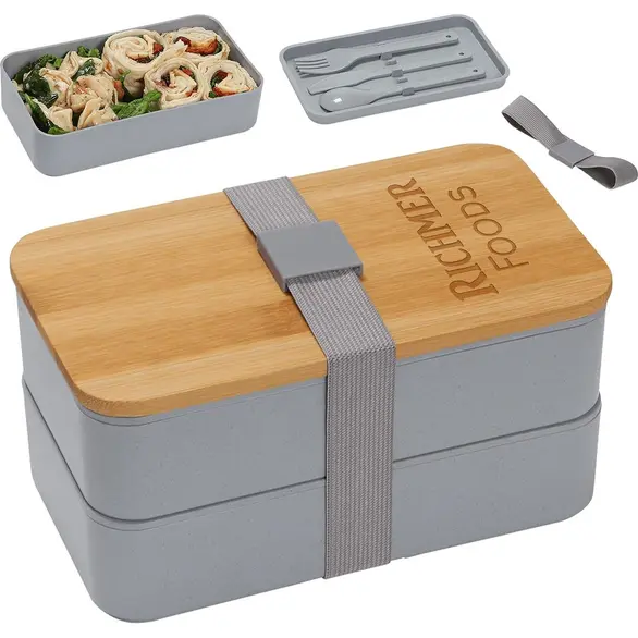 Promotional Double Decker Lunch Box with Bamboo Lid & Utensils