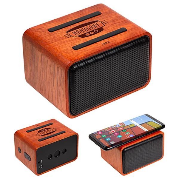 Promotional Mahogany Wireless Speaker with Wireless Charger