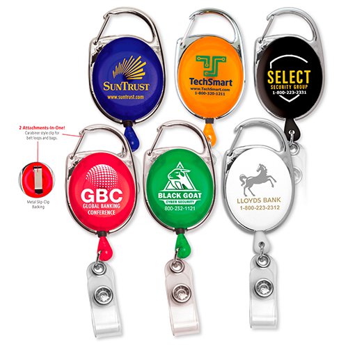 Promotional Round Retractable Badge Holder with Carabiner and Pen