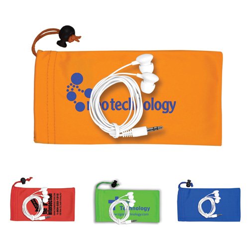 Promotional Mobile Tech Earbud Kit in Microfiber Cinch Pouch 