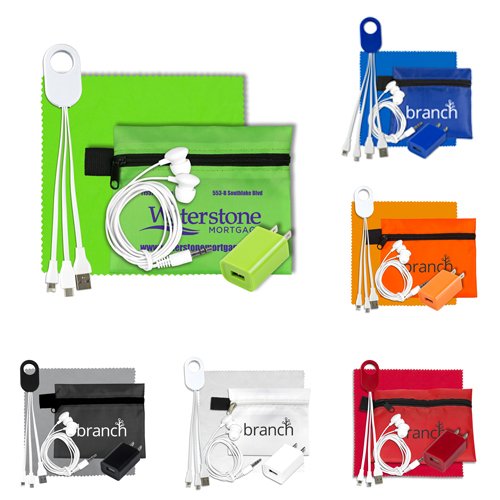 Promotional Mobile Tech Charging Kit In Zipper Pouch 