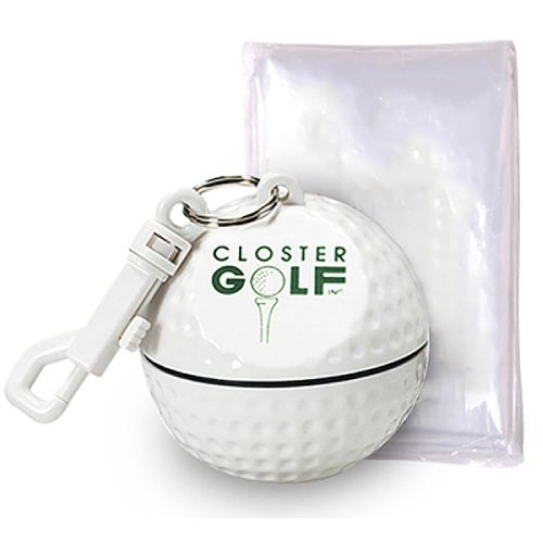 Promotional Rain Poncho in Golf Ball Sportsafe with Clip