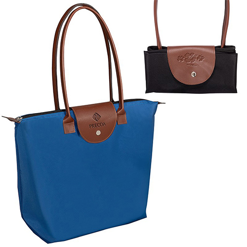 Promotional Folding Tote with Leather Flap Closure 