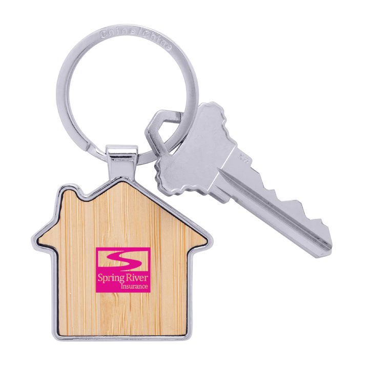 Promotional Bamboo & Metal House Keychain