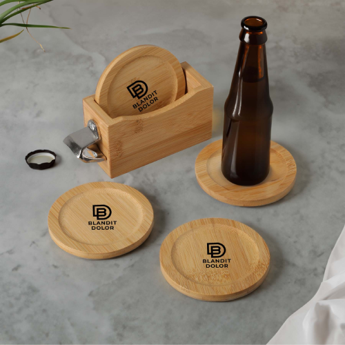 Promotional Bamboo Coaster Set & Bottle Opener