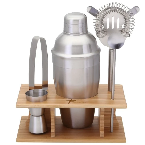 Promotional Stainless Steel Shaker Set in Bamboo Stand 