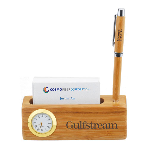 Promotional Bamboo Business Card and Pen Holder Clock 