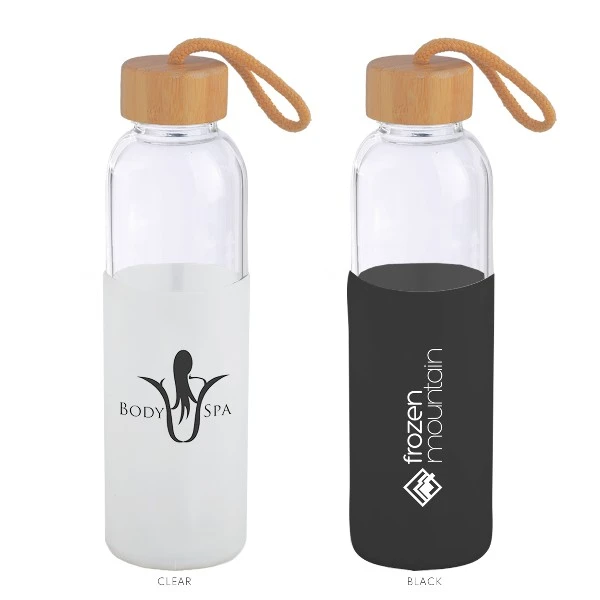Promotional 18 oz Glass Bottle with Bamboo Accented Lid and Silicone Sleeve