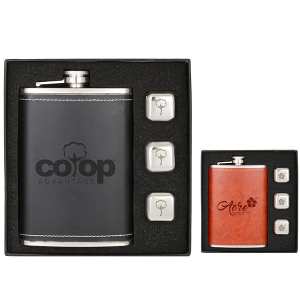 Promotional Flask & Whiskey Cube Leatherette Set