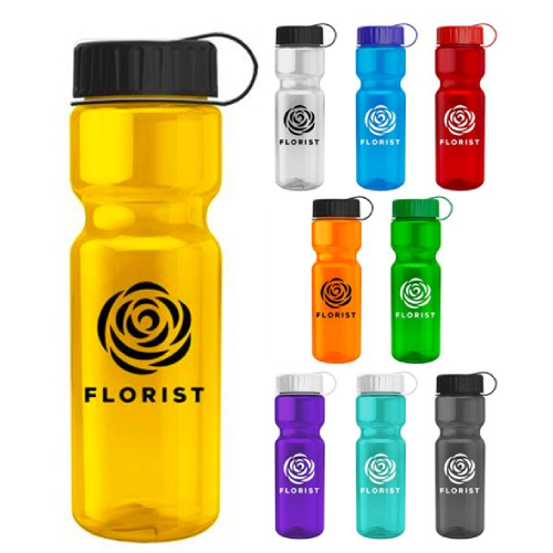 Promotional Transparent Bottle with Tethered Lid - 28 oz - BPA Free