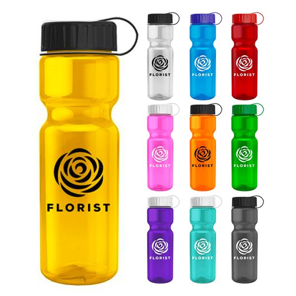 Promotional Transparent Bottle with Tethered Lid - 28 oz - BPA Free