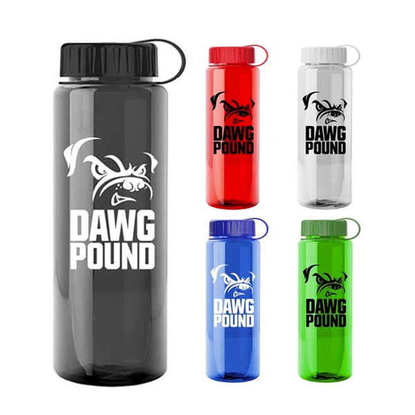 Promotional Transparent Bottle with Tethered Lid - 32oz - BPA Free