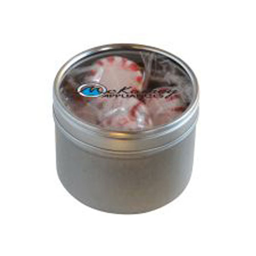Promotional Striped Peppermints in Round Window Tin