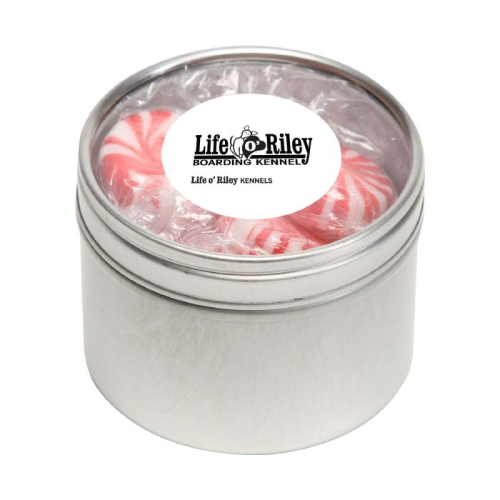 Promotional Striped Peppermints in Round Window Tin