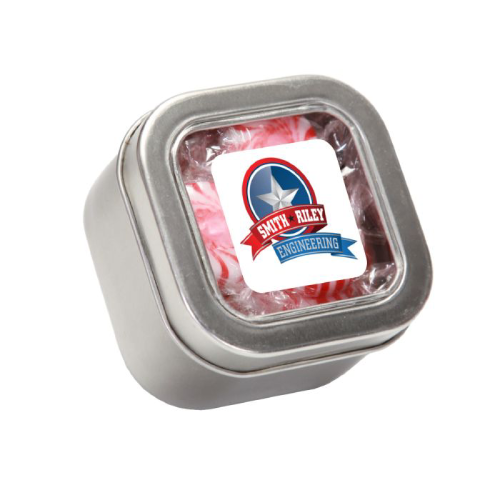 Promotional Striped Peppermints in Square Window Tin