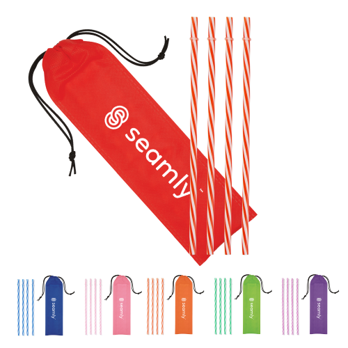 Promotional 4 Reusable Straws in Drawstring Pouch