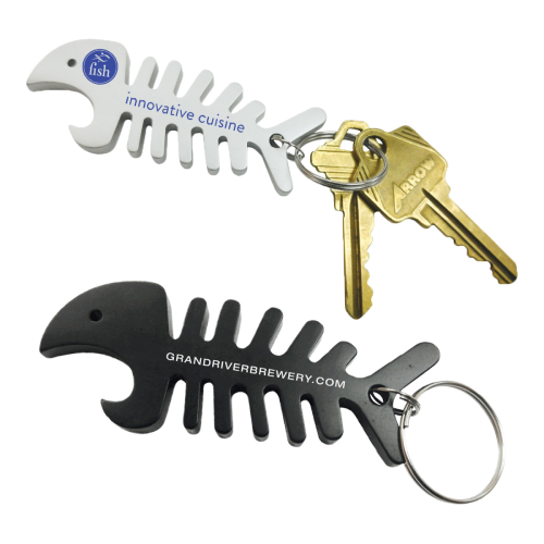 Promotional Fish Bone Bottle Opener/Cord Winder Keychain