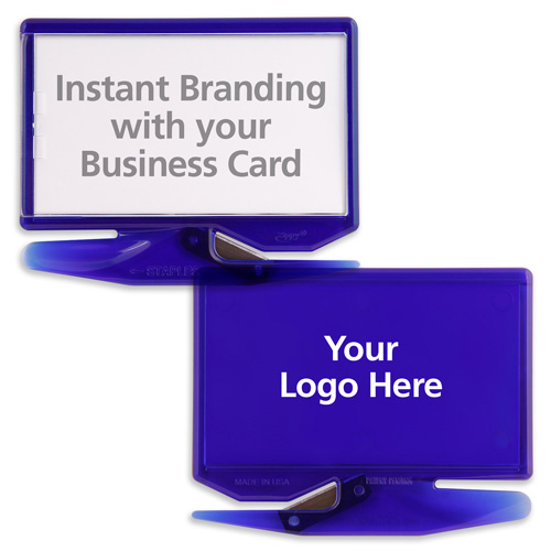 Business Card Letter Opener with Staple Remover Backside Imprint Translucent Blue