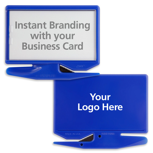 Business Card Letter Opener with Staple Remover Backside Imprint Blue