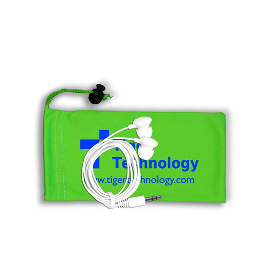 Mobile Tech Earbud Kit in Microfiber Cinch Pouch  Lime Green