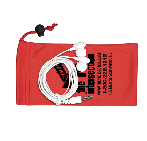 Mobile Tech Earbud Kit in Microfiber Cinch Pouch  Red