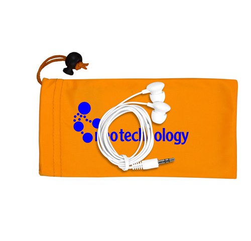 Mobile Tech Earbud Kit in Microfiber Cinch Pouch  Orange
