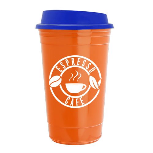 The Traveler - 15 oz. Insulated Cup Orange/Blue Lid