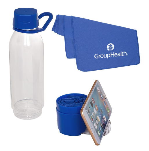 Multi-functional Water Bottle/Phone Stand with Cooling Towel Blue