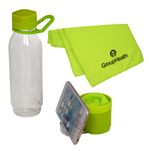 Multi-functional Water Bottle/Phone Stand with Cooling Towel Lime Green