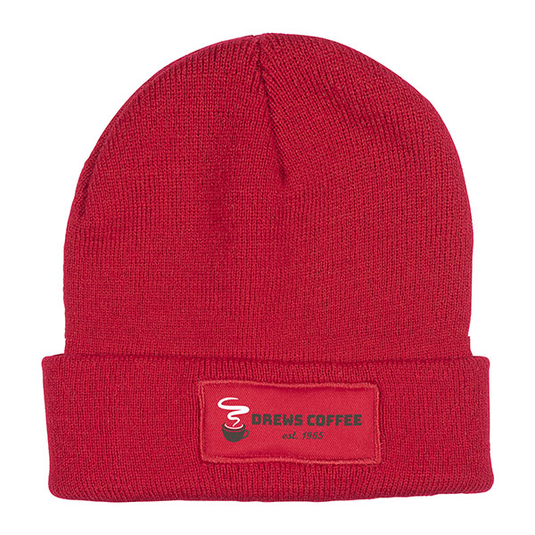 Knit Beanie with Patch  Red