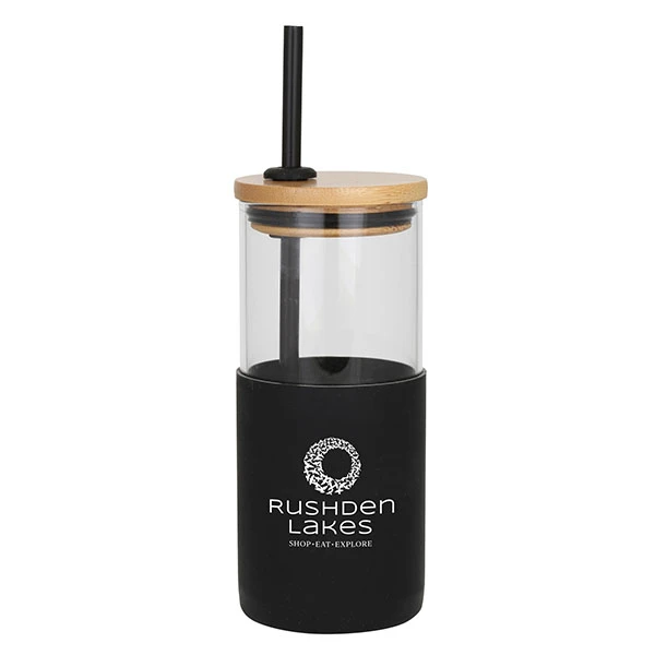 Barbados 18 Oz. Glass Cup with Bamboo Lid and Silicone Sleeve Black